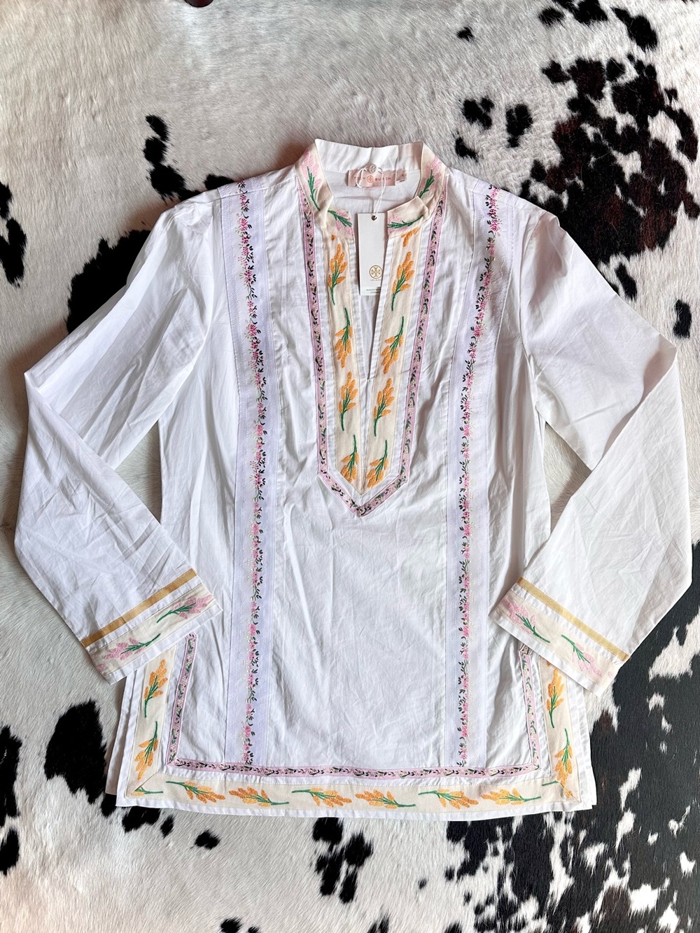Tory Burch White Embroidered Tunic with Yellow, Pink & Green Details